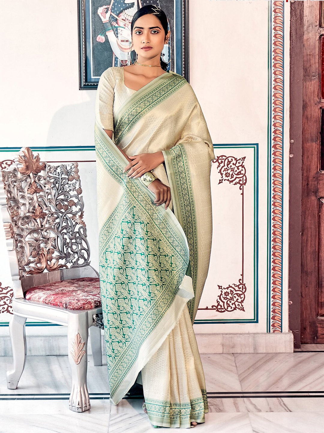 

ODETTE Woven Design Zari Saree, Off white