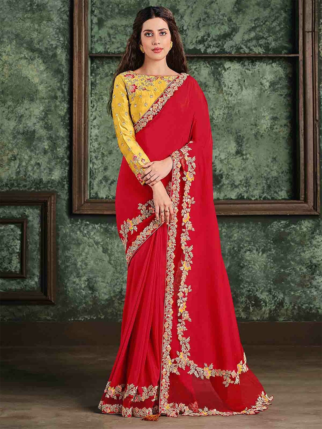 

ODETTE Embroidered Saree with Embroidered Border, Red