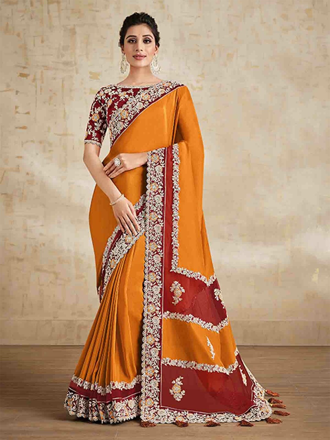 

ODETTE Floral Embroidered Poly Georgette Saree, Orange