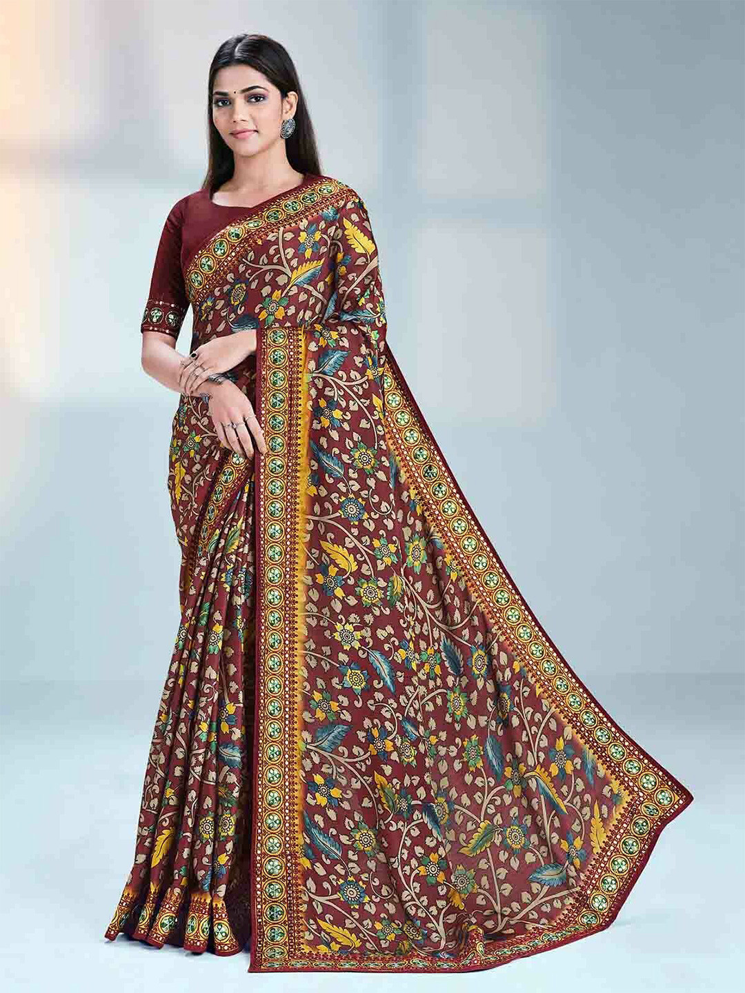 

ODETTE Kalamkari Printed Embroidered Saree, Brown