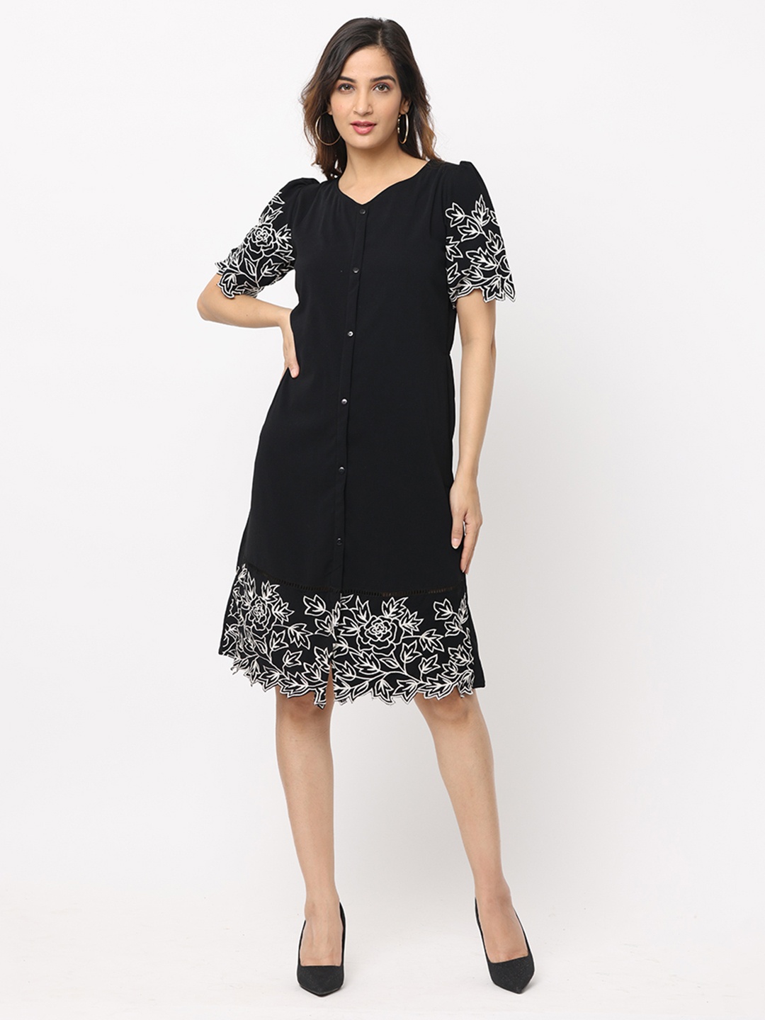 

GLORY & I Floral Embroidered V-Neck Shirt Dress, Black