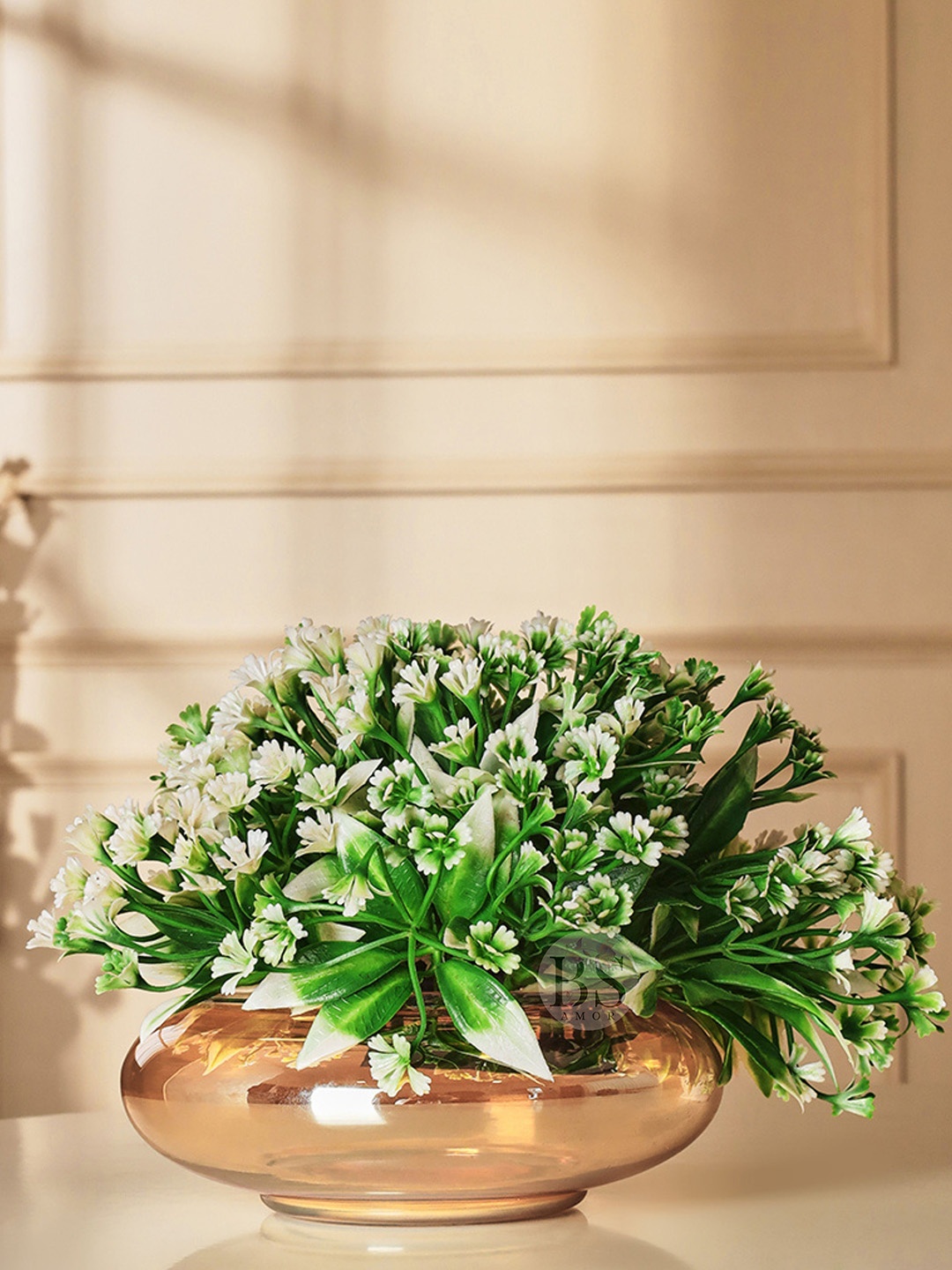 

BS AMOR Green & White Urli With Grass Flower With Glass Pot
