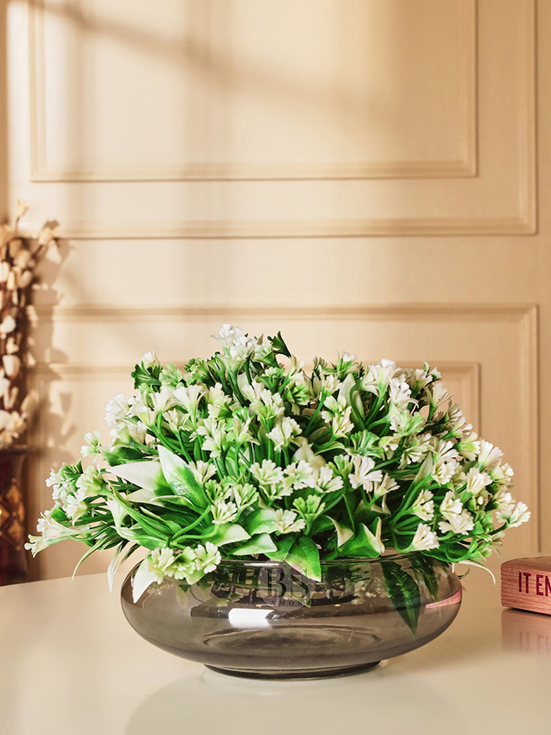 

BS AMOR Green & White Glass Flower Pot with Artificial Flowers