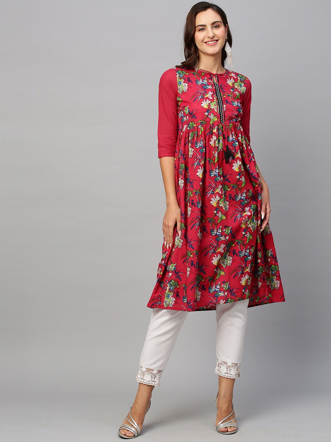

KALINI Floral Printed Tie Up Neck Pure Cotton Anarkali Kurta, Red
