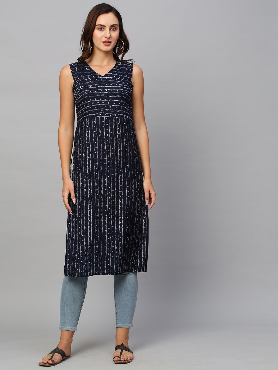 

KALINI Printed V Neck High Slit Kurta, Navy blue