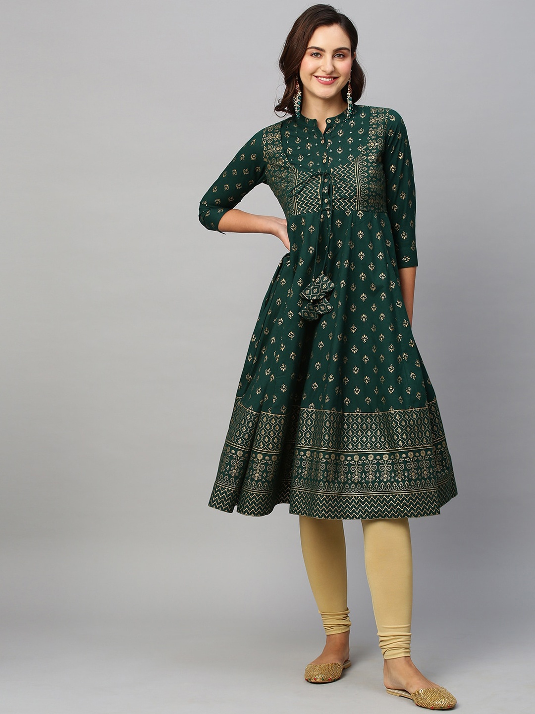 

KALINI Ethnic Motifs Printed Band Collar Anarkali Kurta, Green