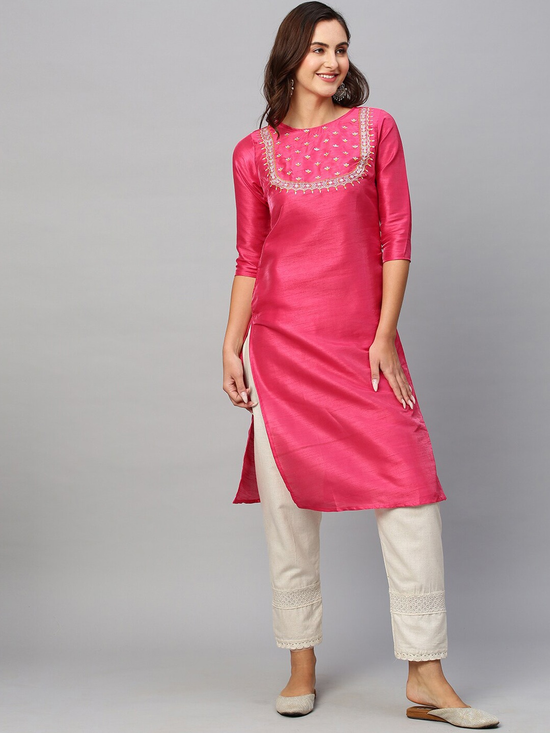 

KALINI Ethnic Motif Yoke Design Thread Work Kurta, Pink