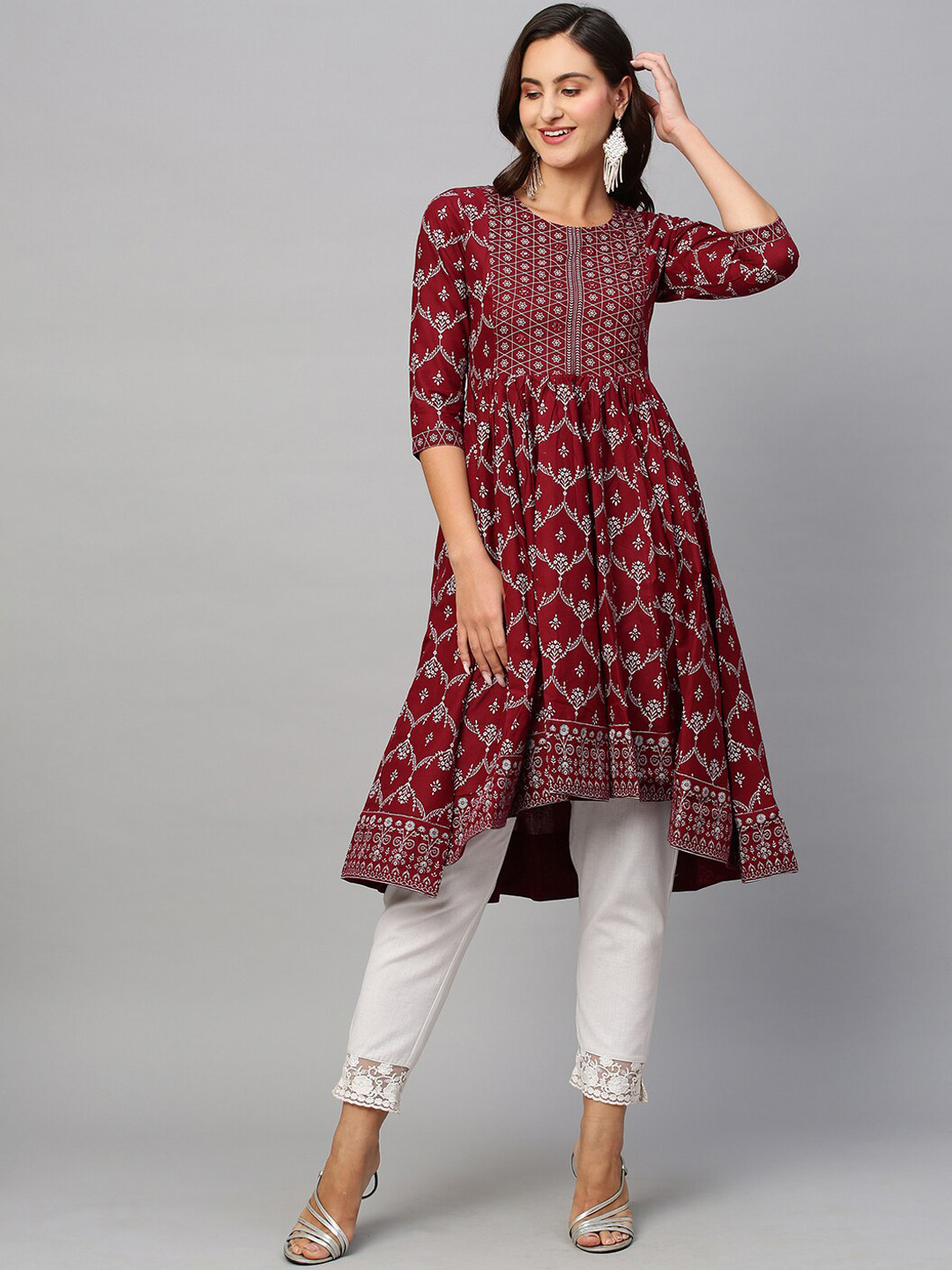 

KALINI Ethnic Motifs Printed Mirror Work Pure Cotton Anarkali Kurta, Maroon