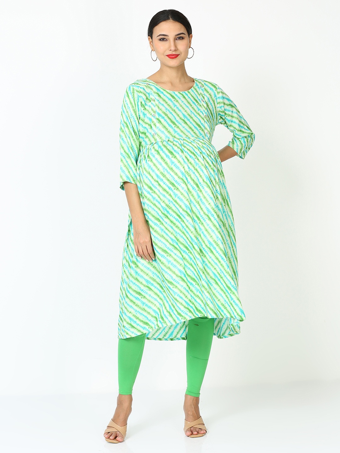 

9shines Label Maternity Leheriya Printed A-Line Kurta, Green