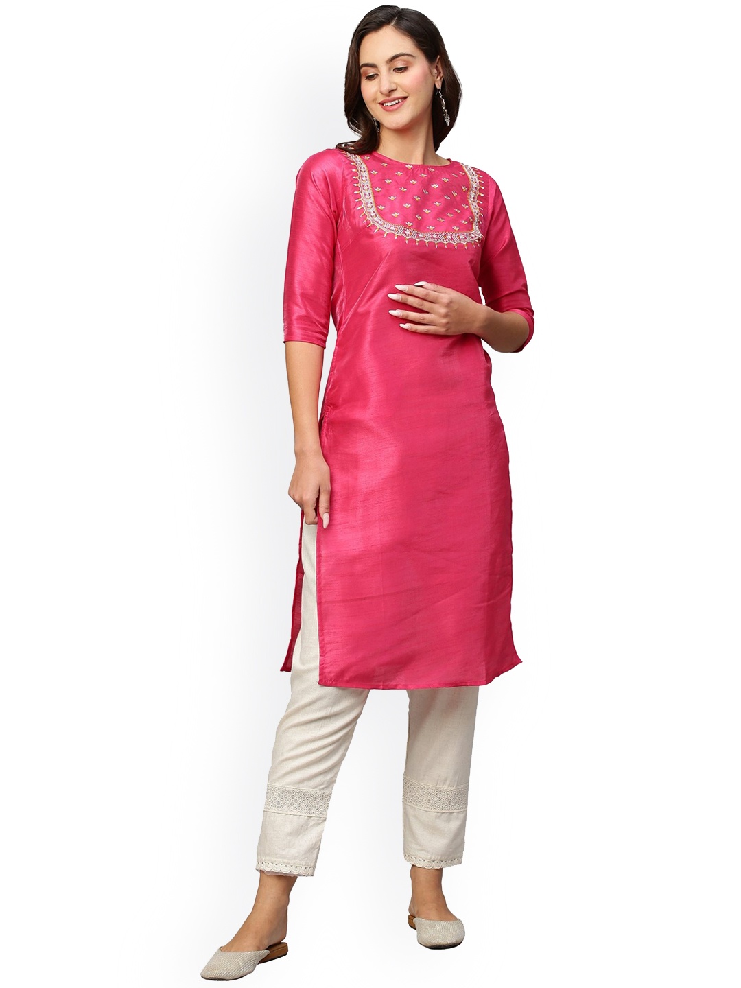 

Nimayaa Ethnic Motif Yoke Design Thread Work Kurta, Pink