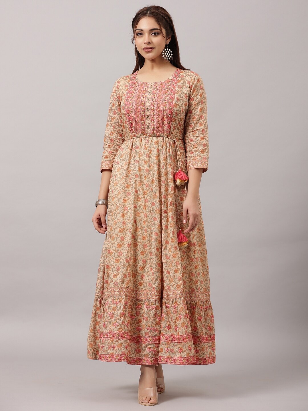 

Amchoor Floral Printed Embroidered Fit & Flare Maxi Ethnic Dress, Peach
