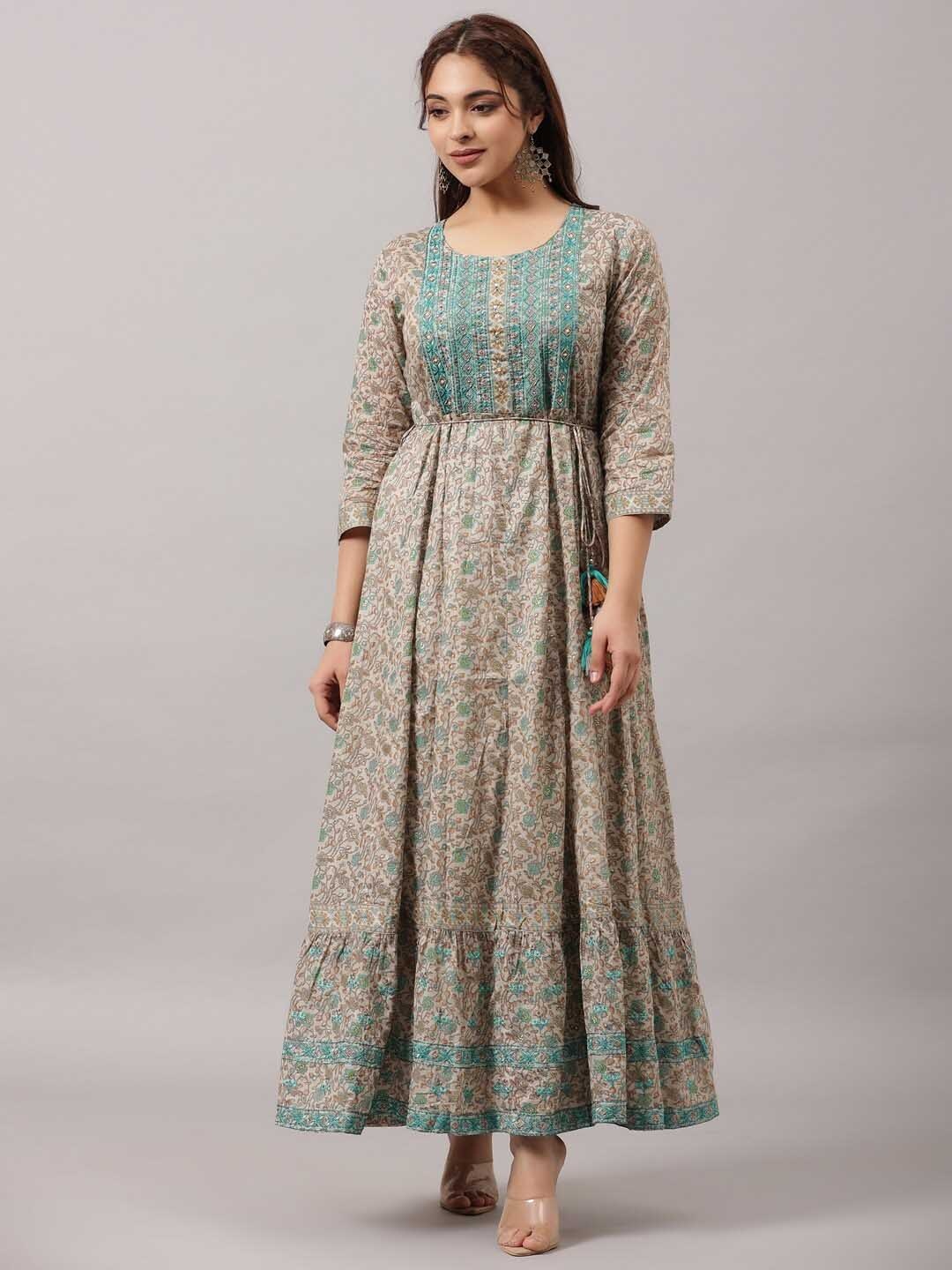 

Amchoor Floral Printed Embroidered Fit & Flare Maxi Ethnic Dress, Grey