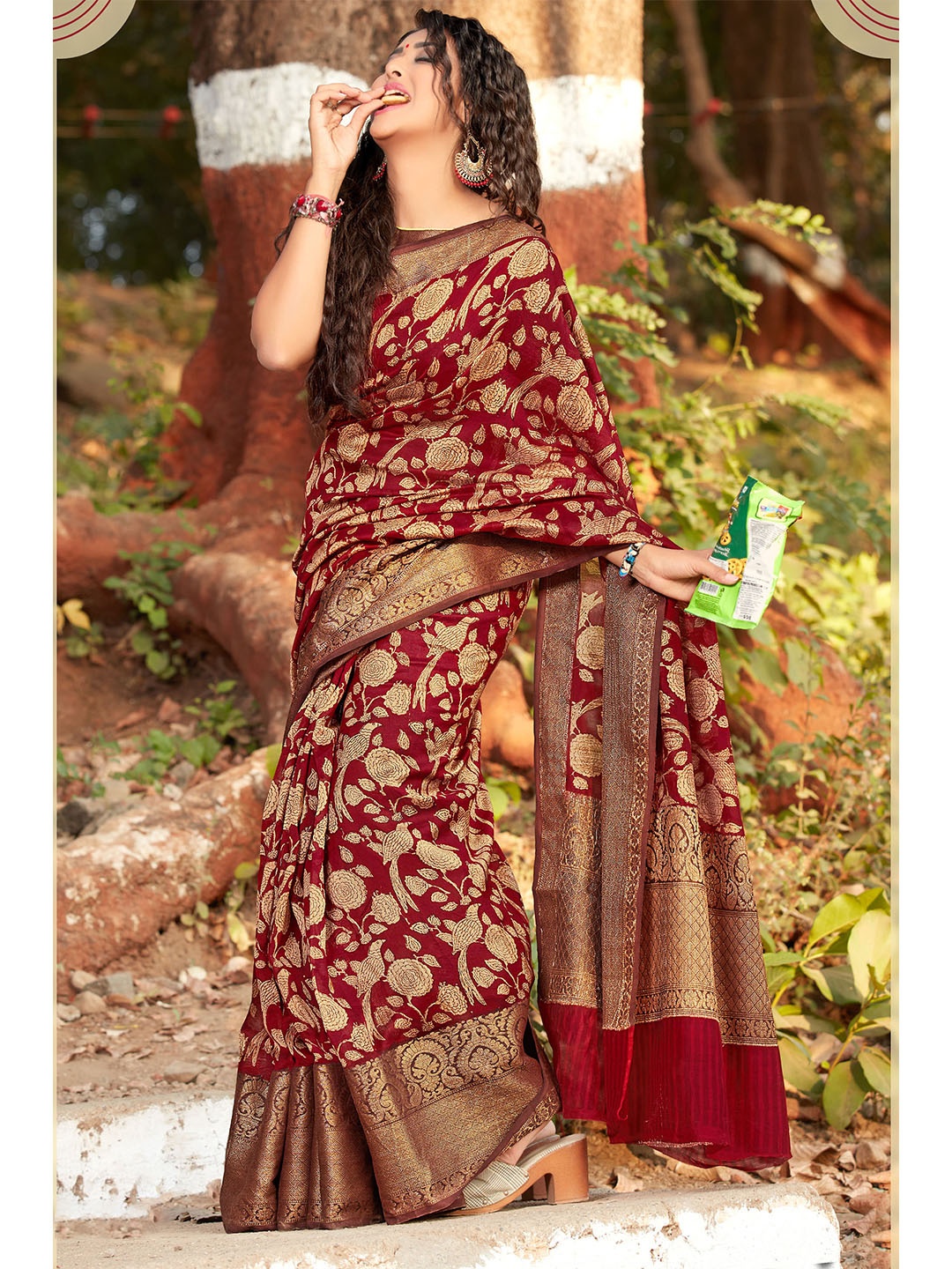 

elora Ethnic Motifs Printed Bhagalpuri Saree, Maroon