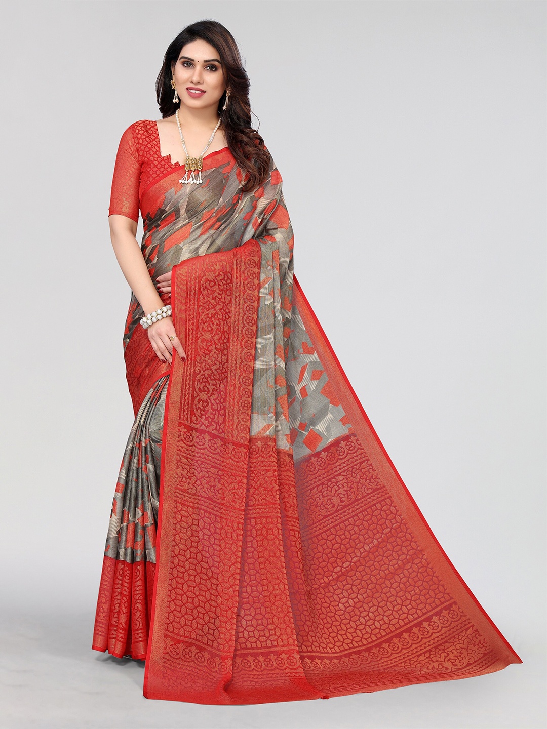 

Winza Designer Geometric Printed Venkatgiri Saree, Red