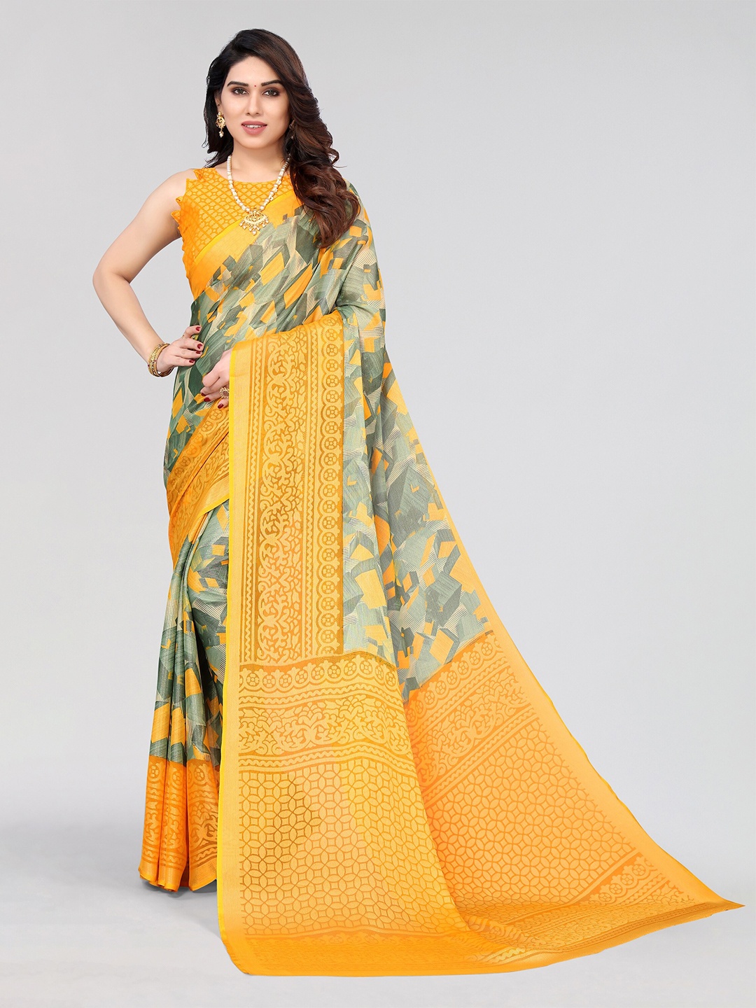 

Winza Designer Geometric Printed Poly Chiffon Venkatgiri Saree, Mustard