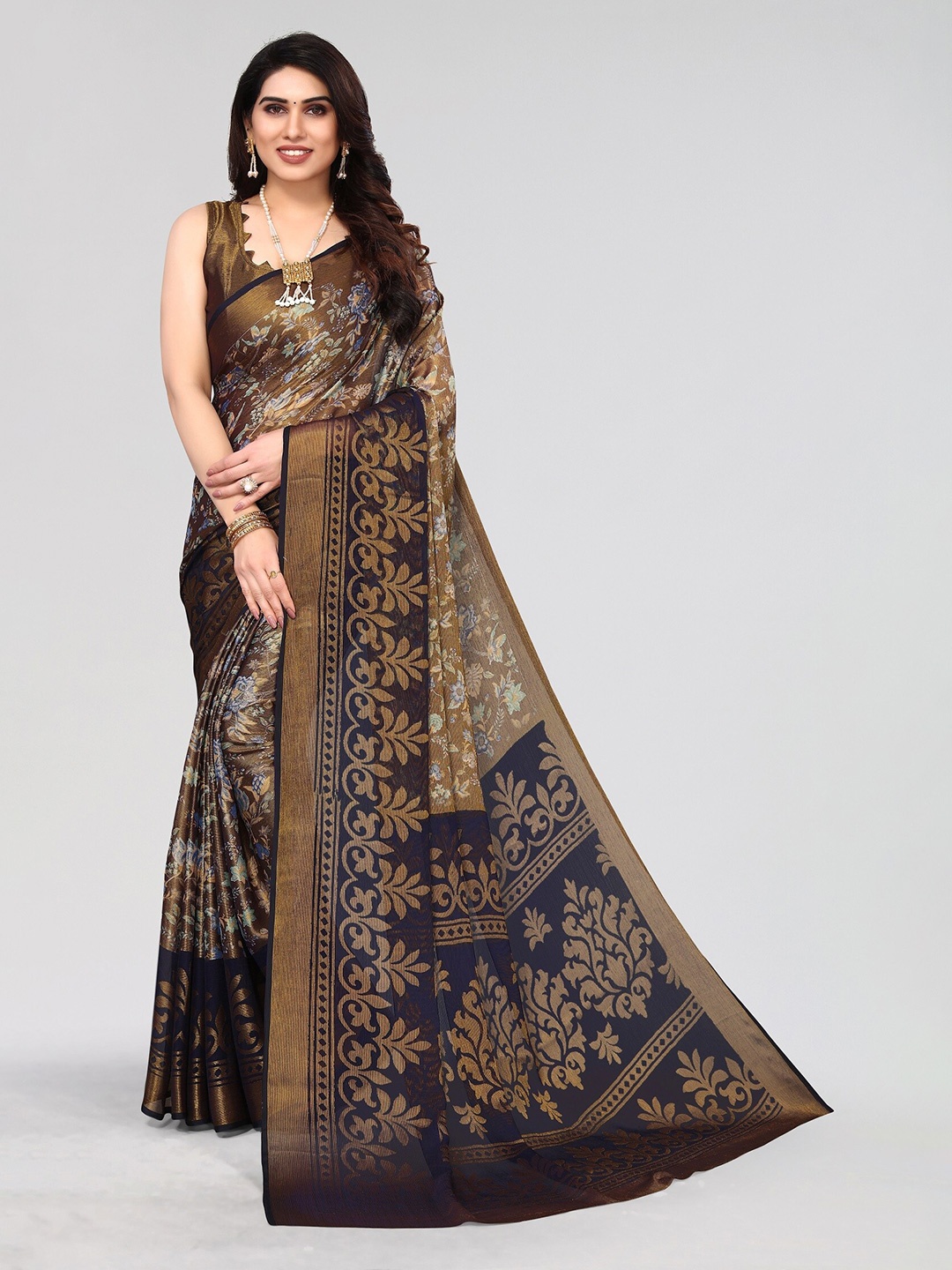 

Winza Designer Floral Poly Chiffon Designer Venkatgiri Saree, Navy blue