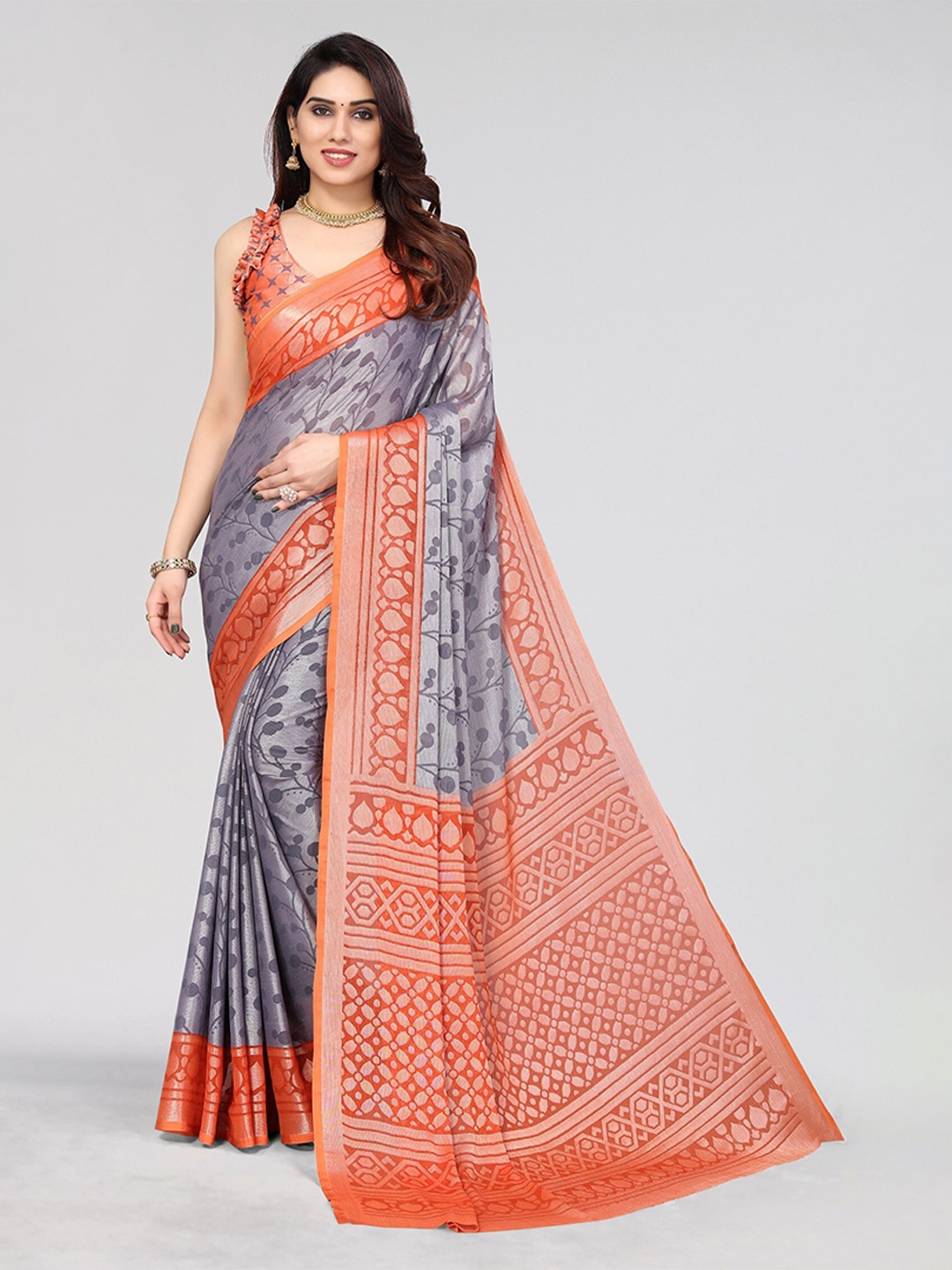 

Winza Designer Floral Woven Design Zari Saree, Grey