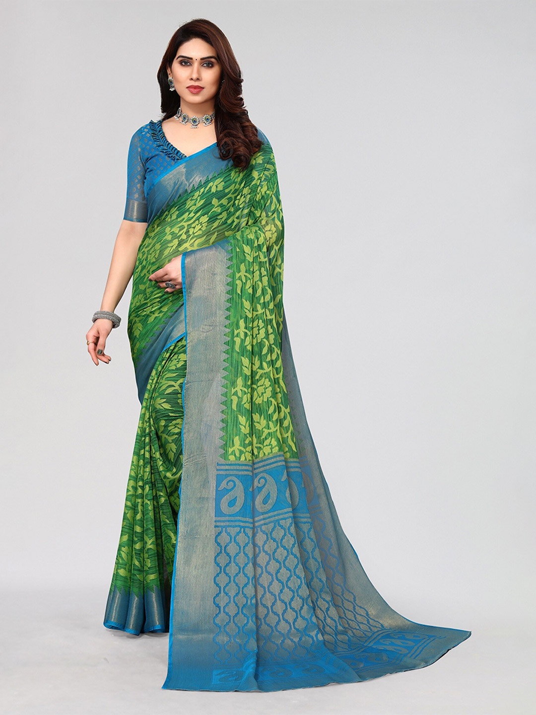 

Winza Designer Floral Poly Chiffon Venkatgiri Saree With Blouse Piece, Green