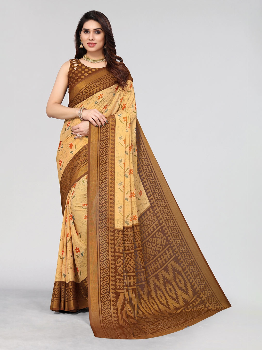 

Winza Designer Floral Printed Venkatgiri Saree, Cream