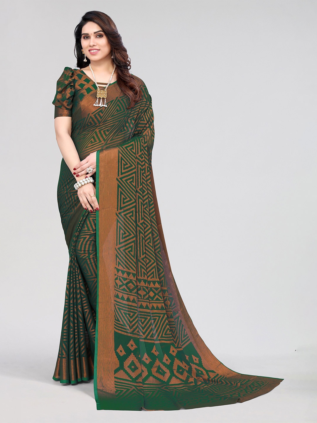 

Winza Designer Green & Copper-Toned Poly Chiffon Venkatgiri Saree