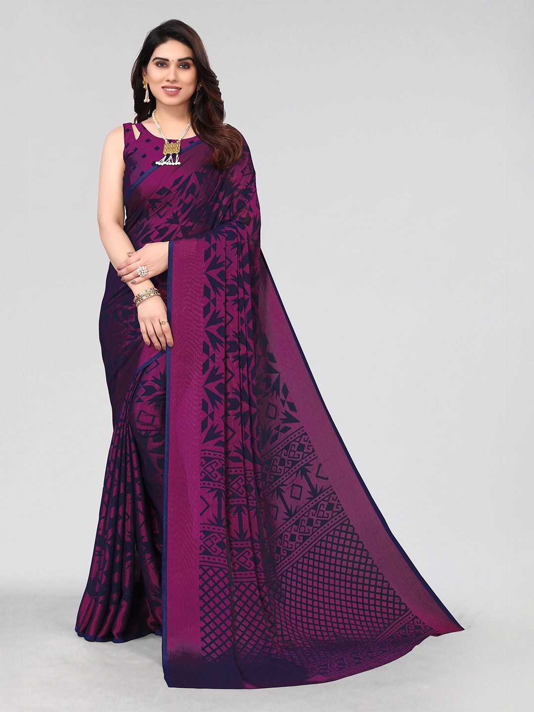 

Winza Designer Geometric Printed Venkatgiri Saree, Navy blue