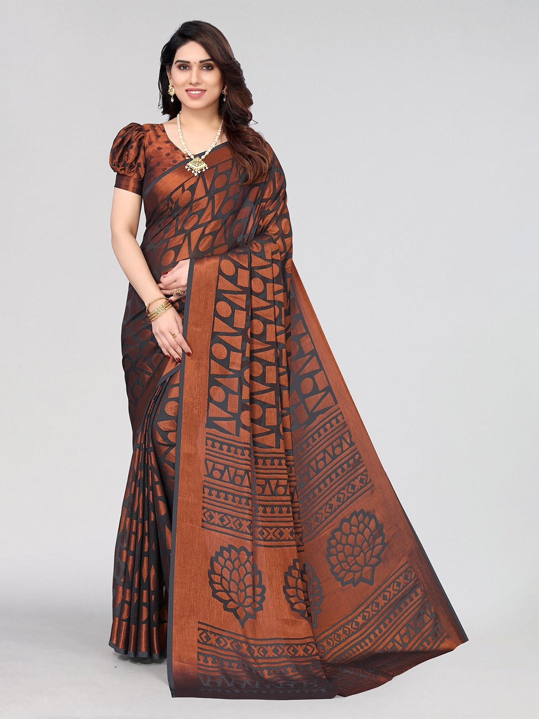 

Winza Designer Geometric Printed Chiffon Designer Venkatgiri Saree, Grey