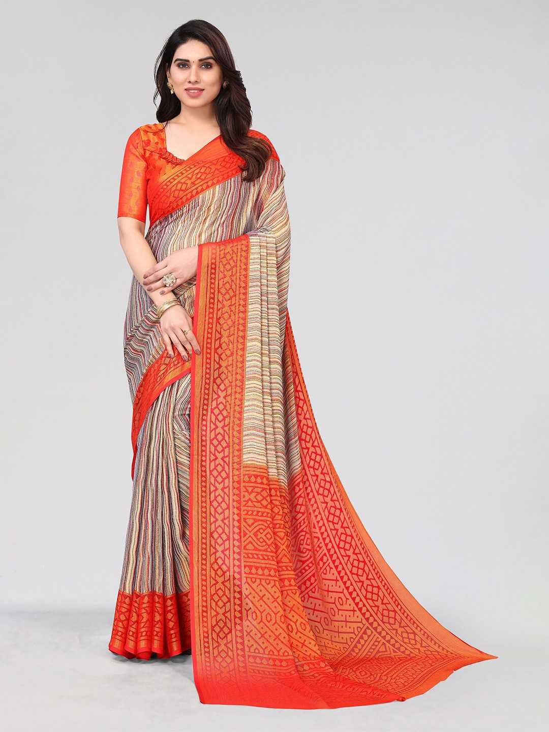 

Winza Designer Striped Designer Venkatgiri Saree, Red