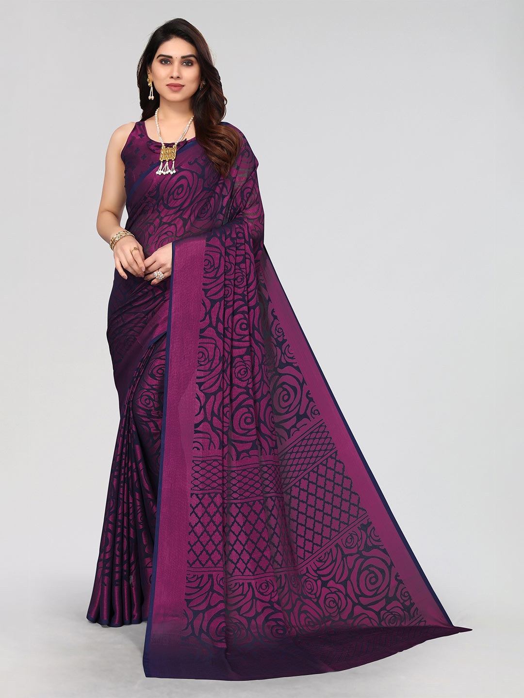 

Winza Designer Poly Chiffon Venkatgiri Saree With Blouse Piece, Navy blue