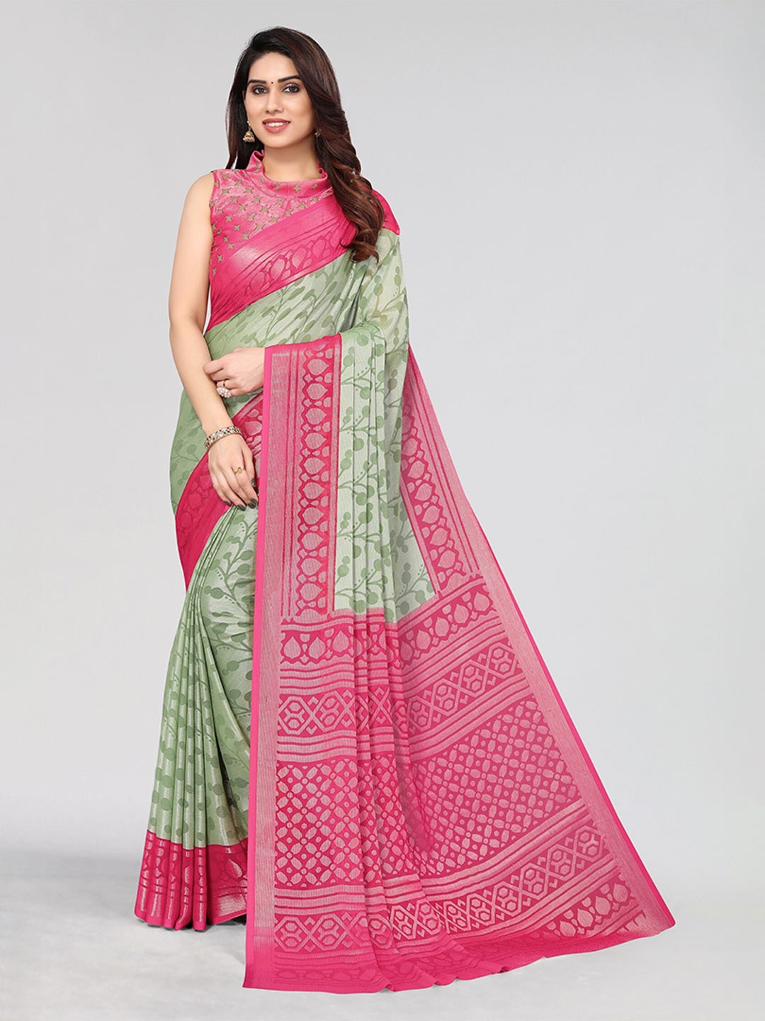 

Winza Designer Ethnic Motifs Poly Chiffon Venkatgiri Saree With Blouse Piece, Green