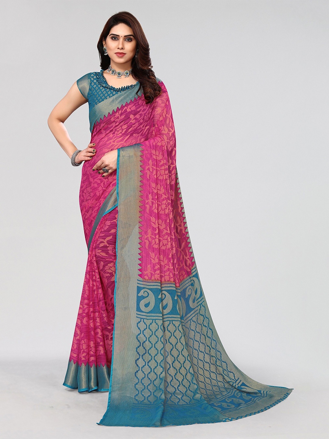 

Winza Designer Floral Woven Design Zari Venkatgiri Saree, Pink