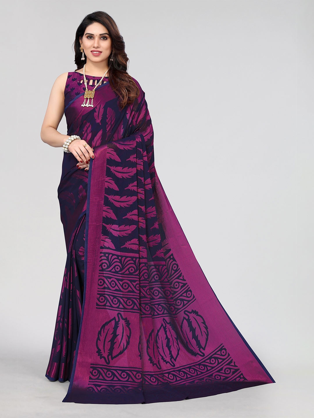 

Winza Designer Poly Chiffon Venkatgiri Saree With Blouse Piece, Navy blue
