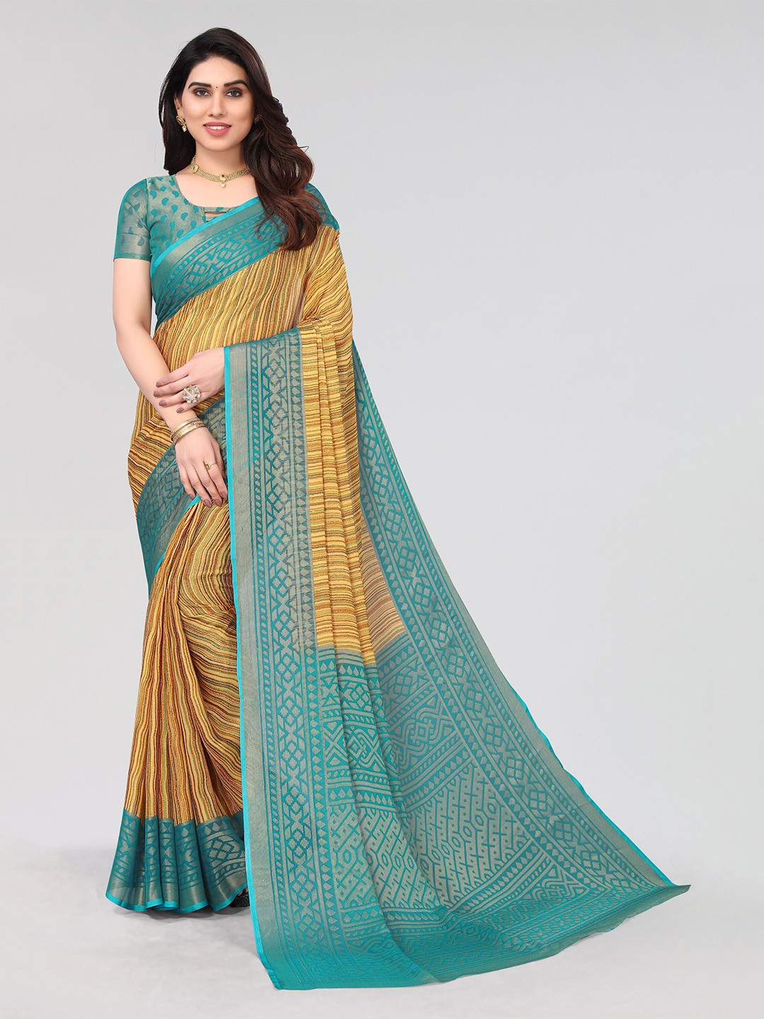 

Winza Designer Striped Printed Venkatgiri Saree, Teal