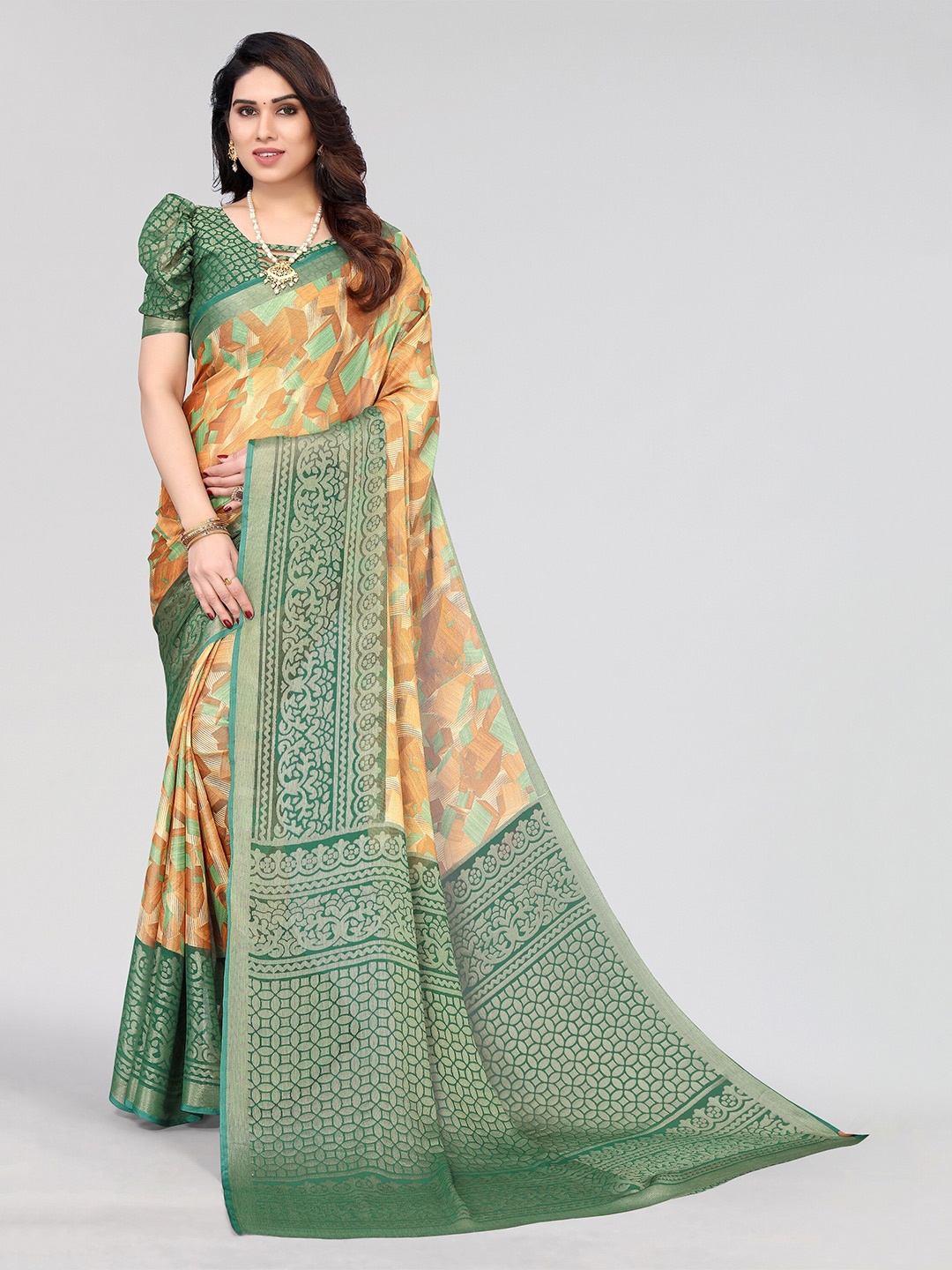 

Winza Designer Geometric Printed Poly Chiffon Venkatgiri Saree, Green