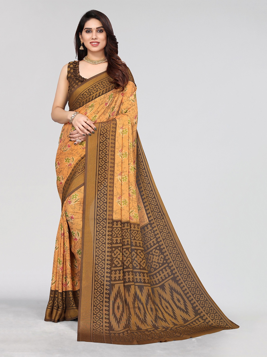 

Winza Designer Floral Poly Chiffon Designer Venkatgiri Saree, Orange