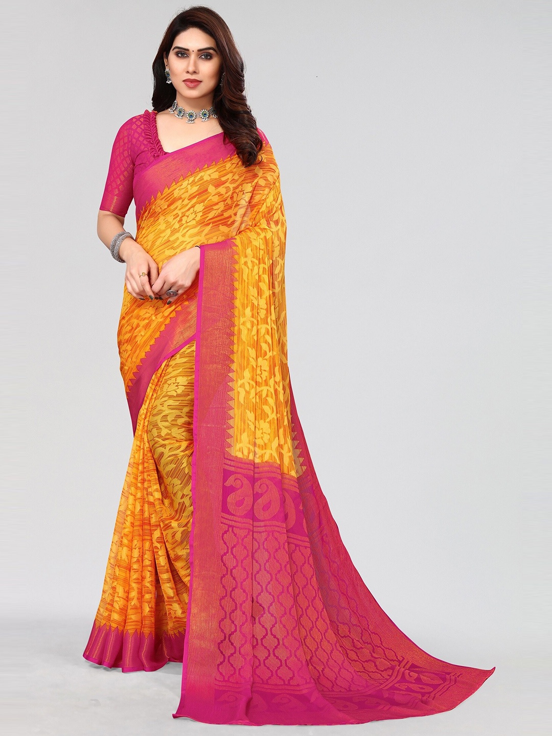 

Winza Designer Floral Woven Design Brasso Venkatgiri Saree, Yellow