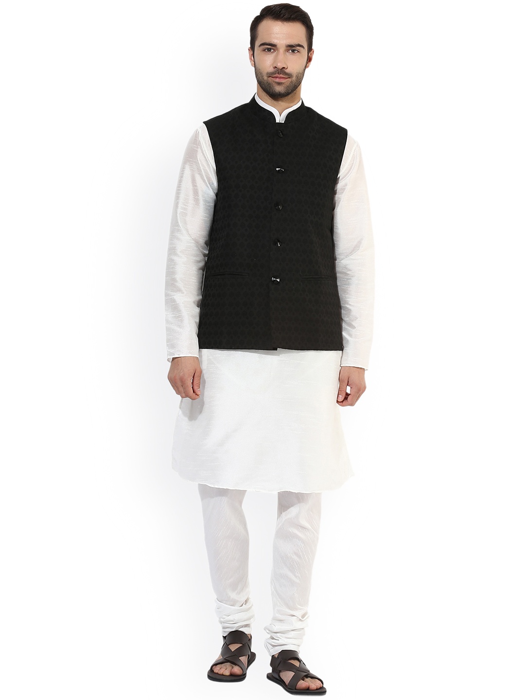 

KISAH Men White Self Design Jacquard Kurta with Churidar & Nehru Jacket