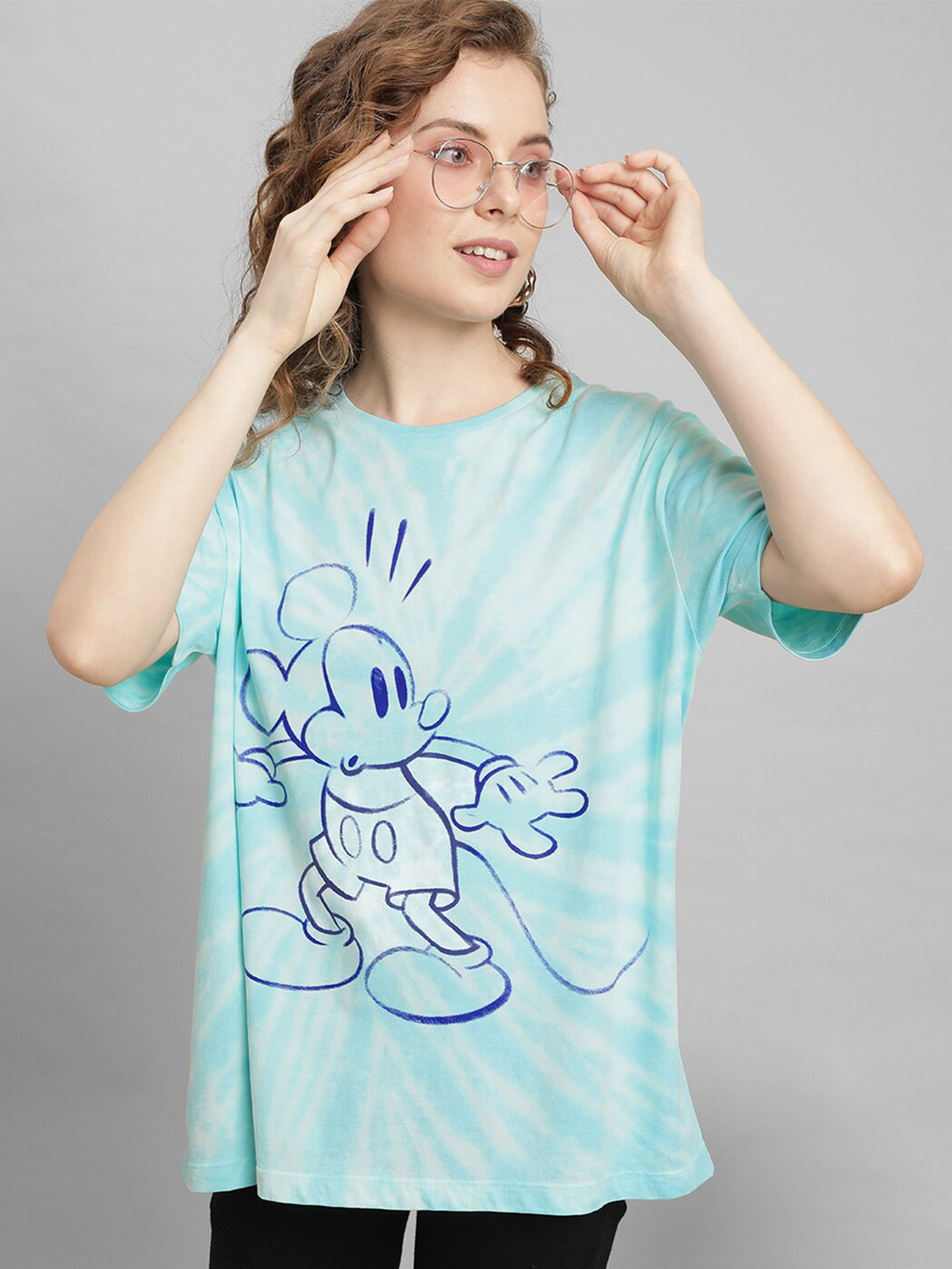 

Free Authority Tie Dyed & Mickey Printed Drop-Shoulder Sleeves Oversized Cotton T-Shirt, Blue
