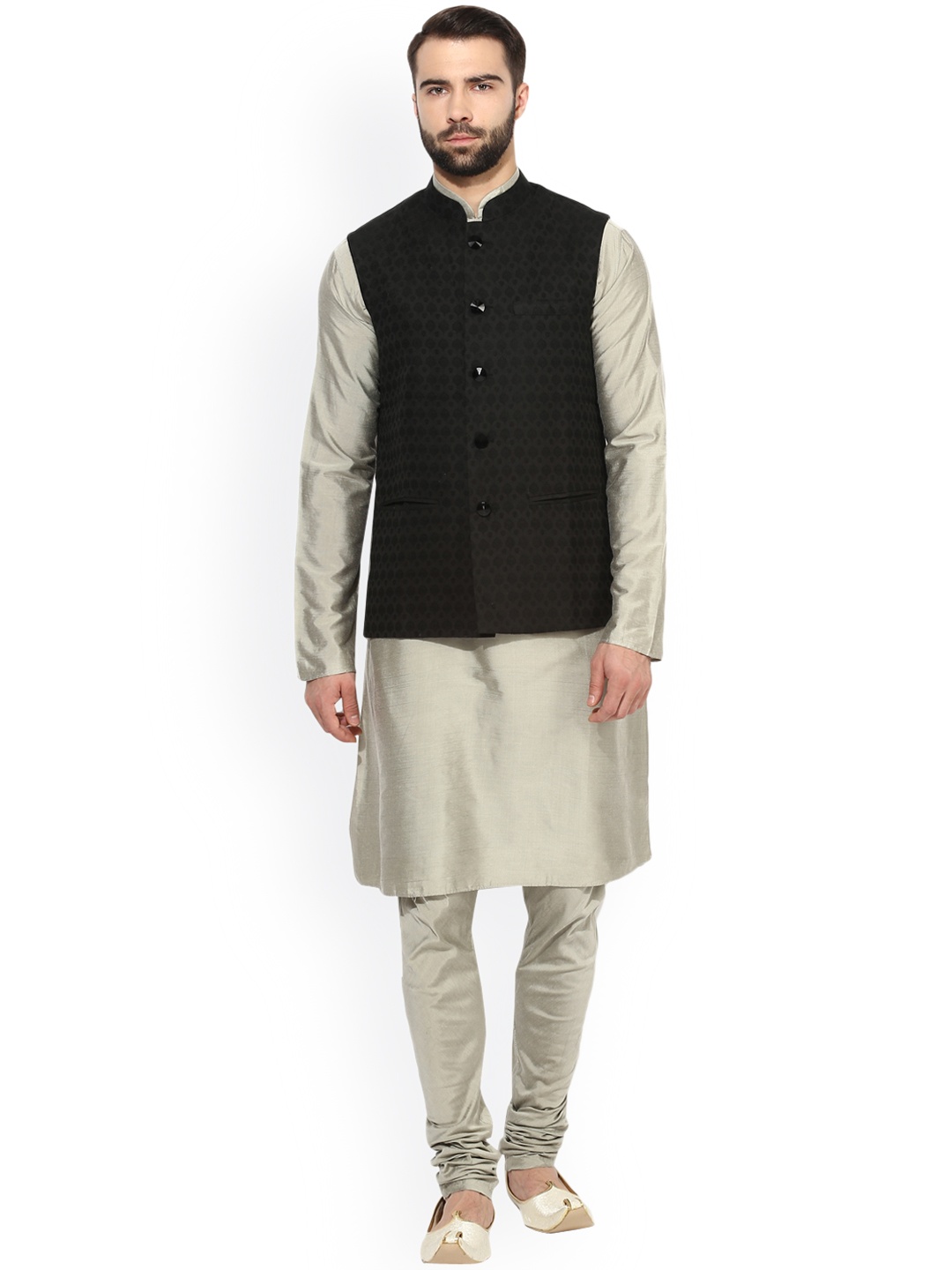 

KISAH Men Grey Self Design Kurta with Churidar & Nehru Jacket