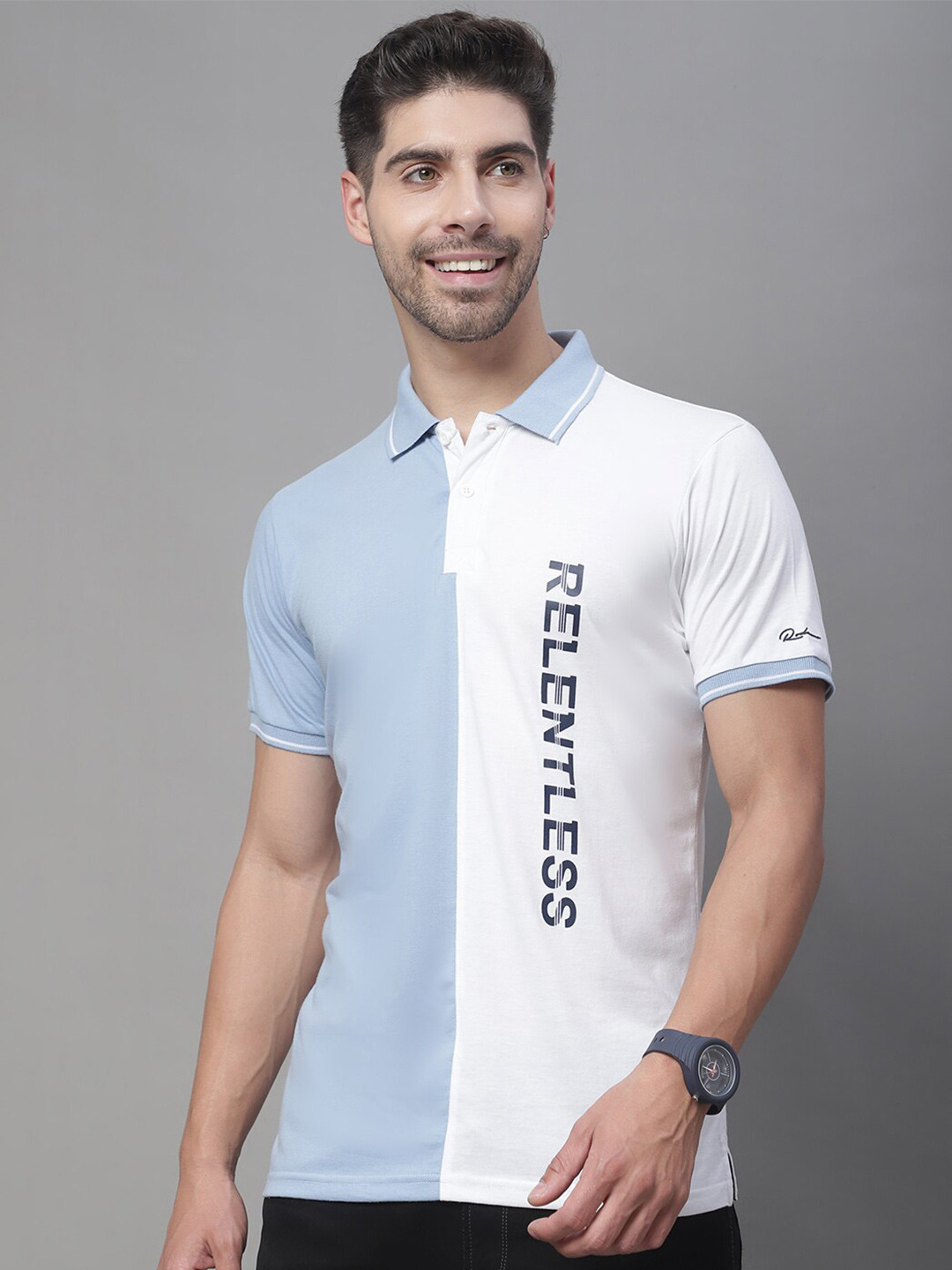 

Rodamo Colourblocked Polo Collar Slim Fit Cotton T-Shirt, Blue