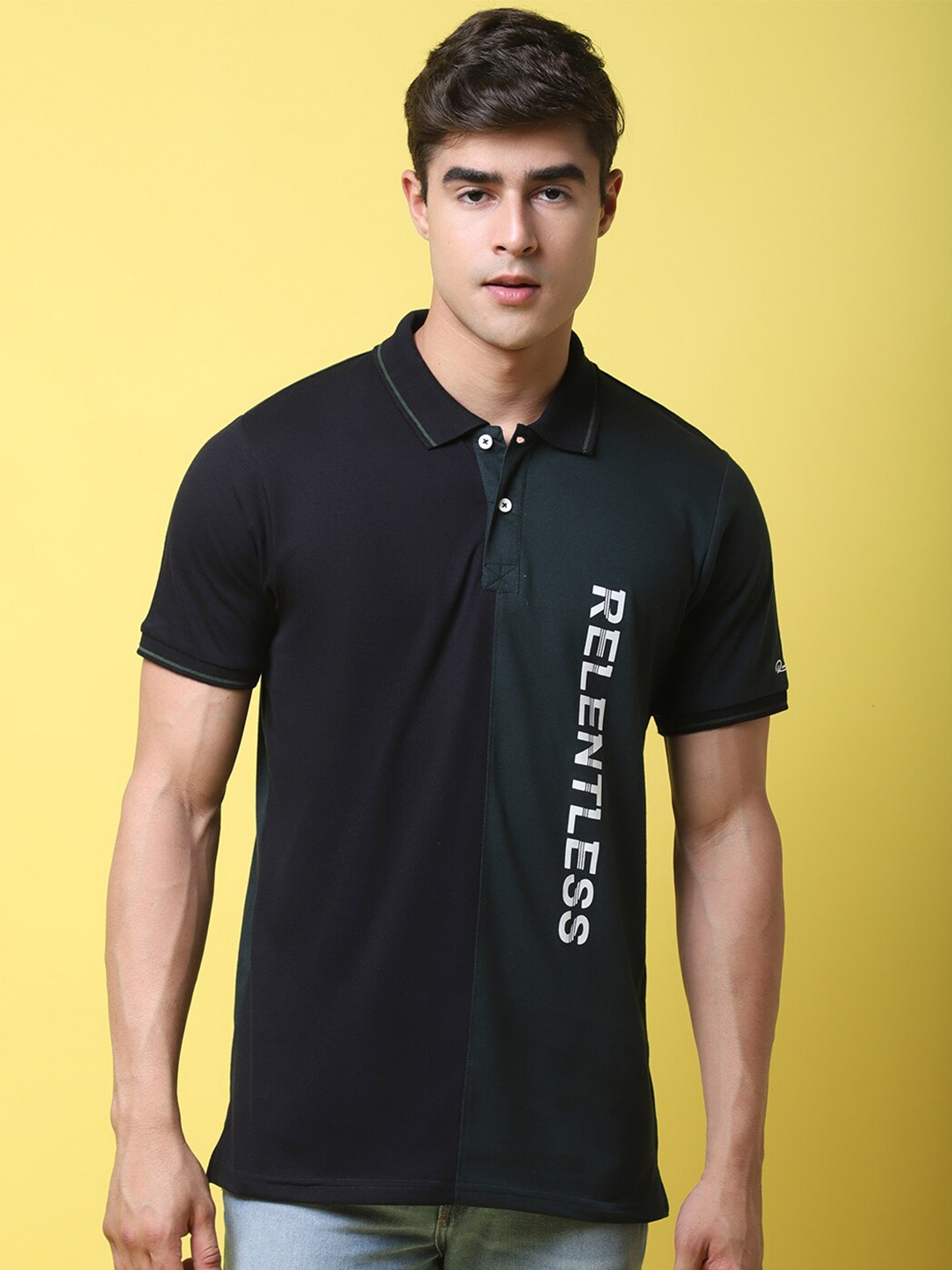 

Rodamo Colourblocked Polo Collar Cotton Slim Fit T-shirt, Black