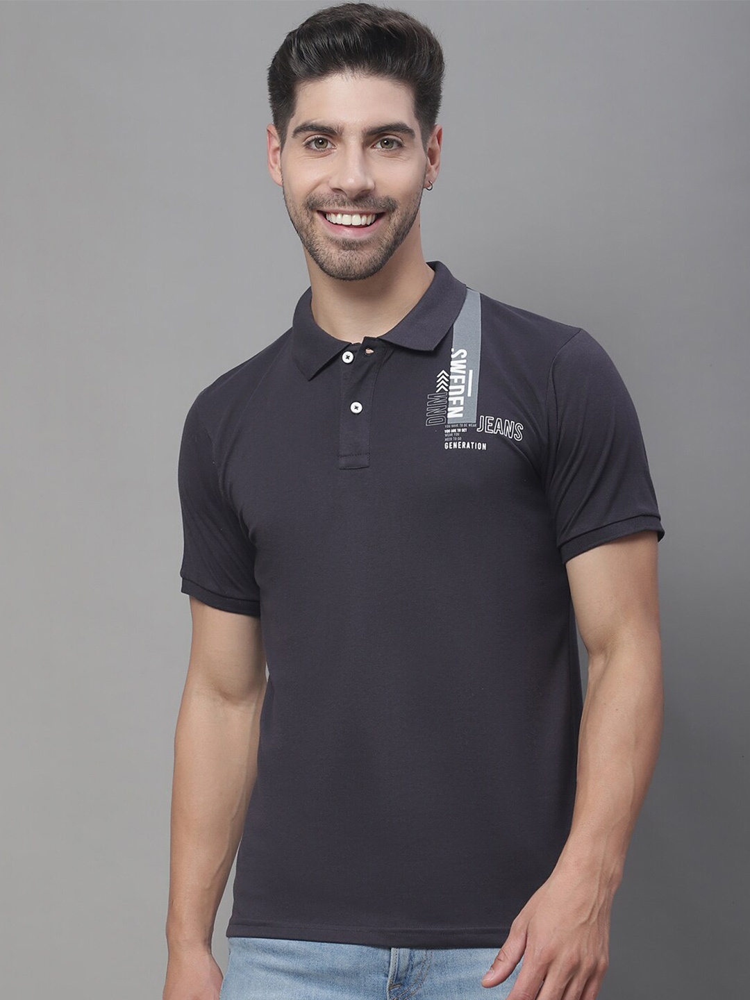 

Rodamo Men Typography Printed Polo Collar Slim Fit T-shirt, Grey