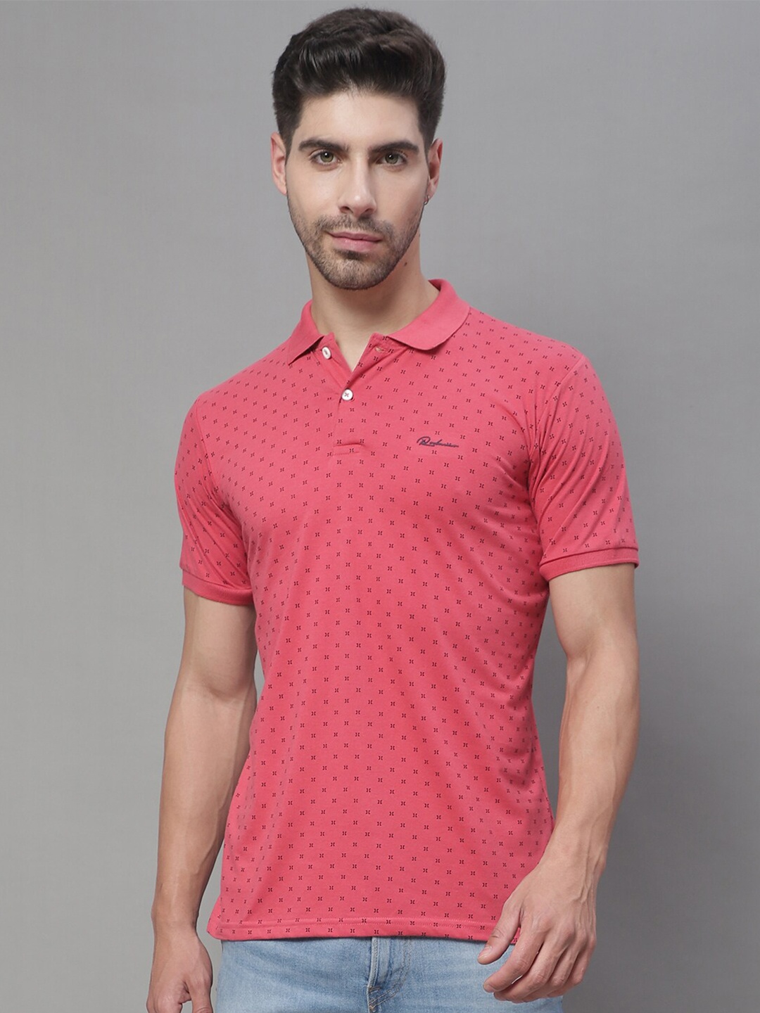 

Rodamo Micro Ditsy Printed Polo Collar Slim Fit Cotton T-shirt, Red