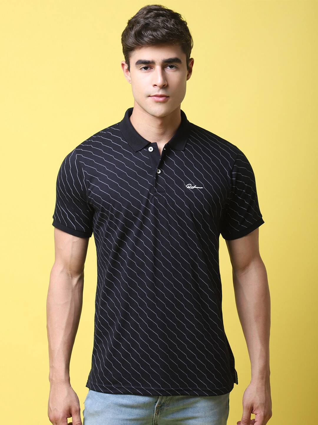 

Rodamo Geometric Printed Polo Collar Cotton Slim Fit T-shirt, Navy blue