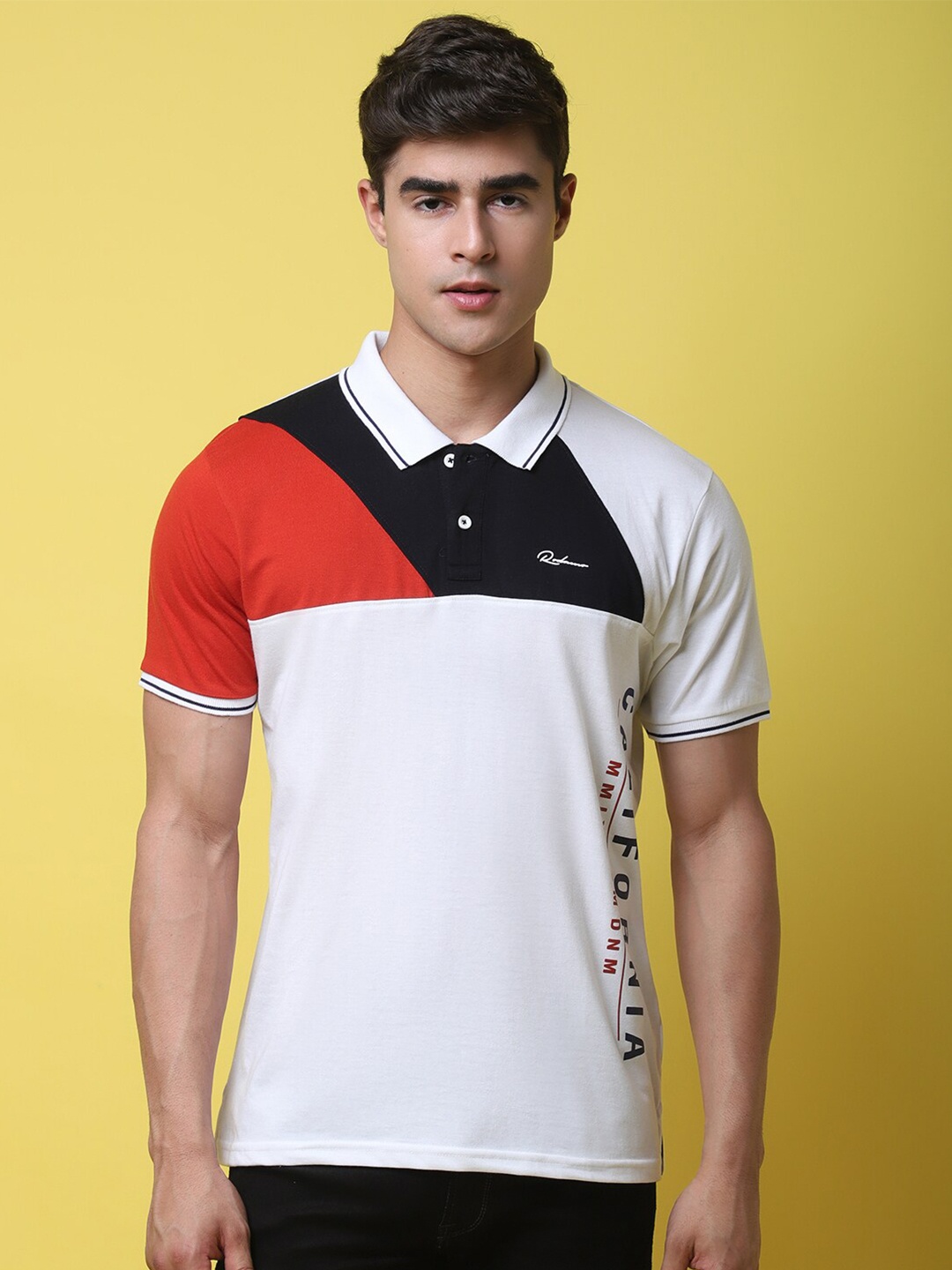 

Rodamo Colourblocked Polo Collar Slim Fit Cotton T-Shirt, White