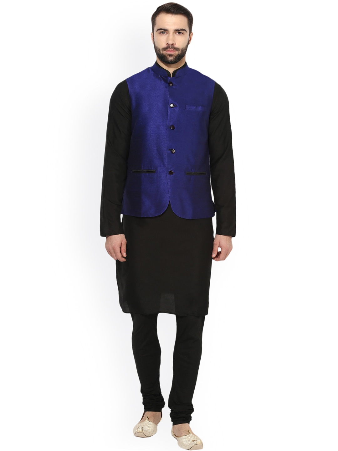 

KISAH Men Black Self Design Kurta with Churidar & Nehru Jacket