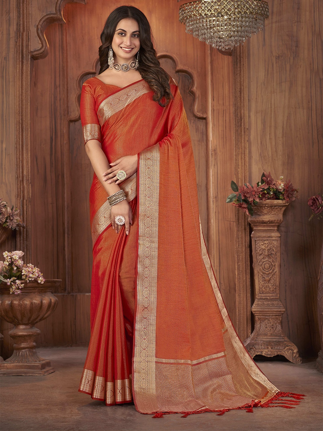 

elora Zari Tissue Bhagalpuri Saree, Orange