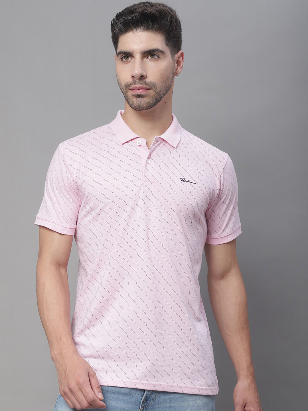 

Rodamo Geometric Printed Polo Collar Cotton Slim Fit T-shirt, Pink