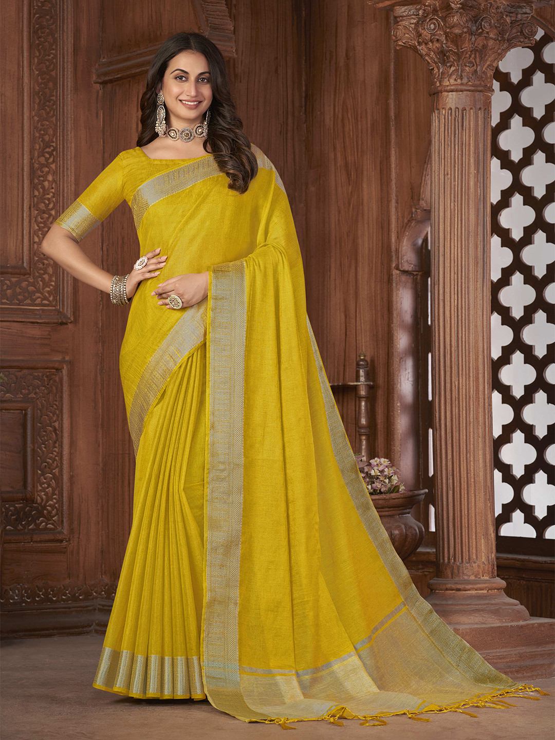 

elora Zari Tissue Bhagalpuri Saree, Yellow