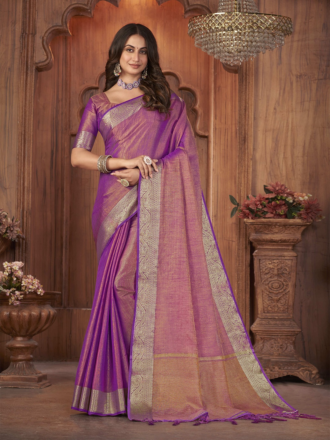 

elora Zari Soft Tissue Linen Bhagalpuri Saree, Purple