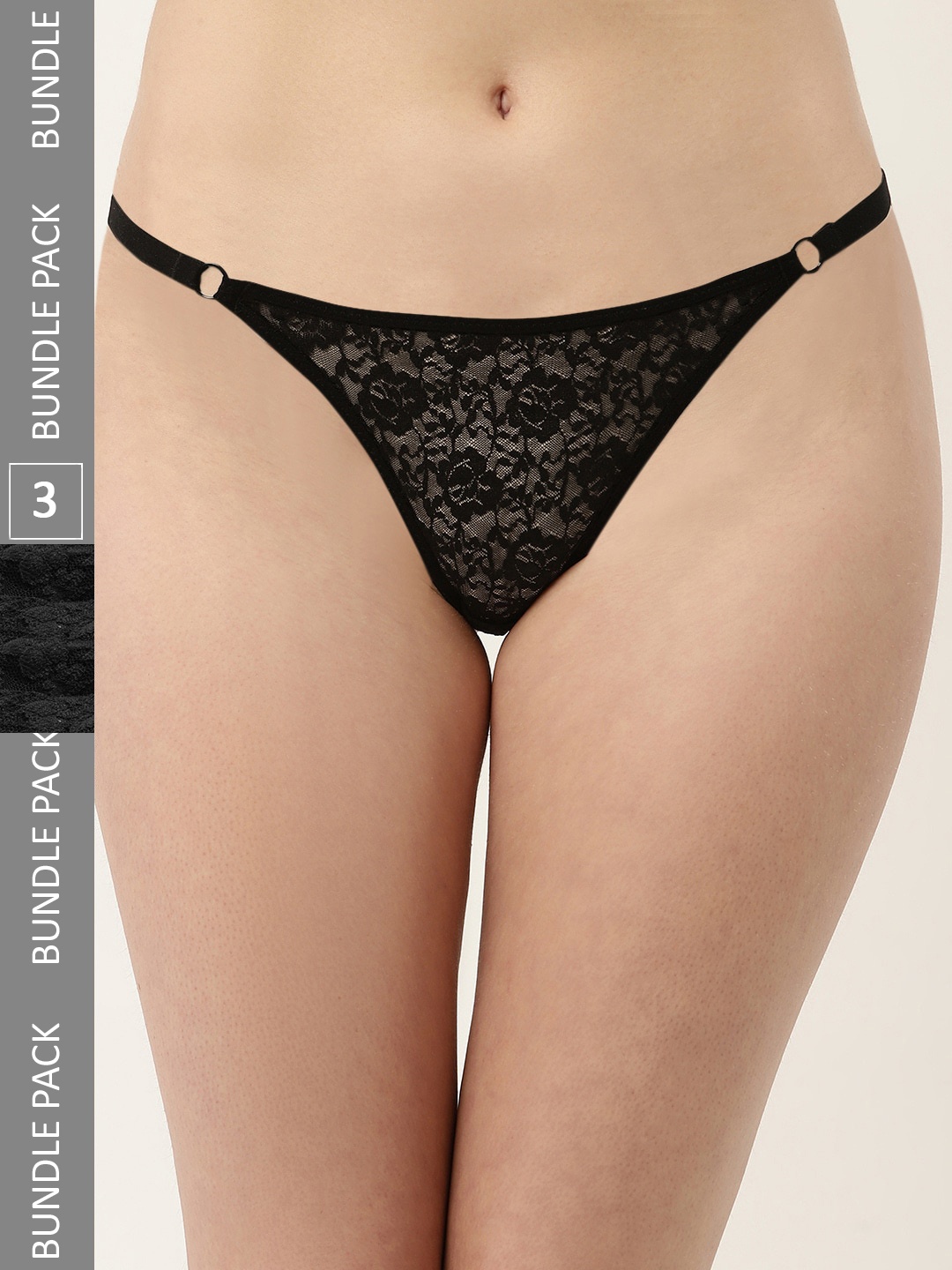 

DressBerry Women Pack Of 3Self Design Lace Thong Briefs, Black